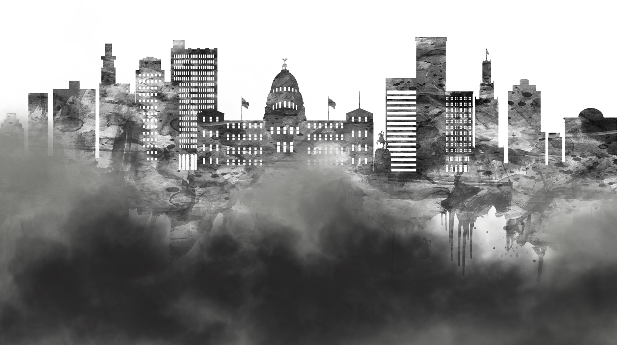 A black-and-white illustration of a city skyline with clouds of smoke in the foreground.