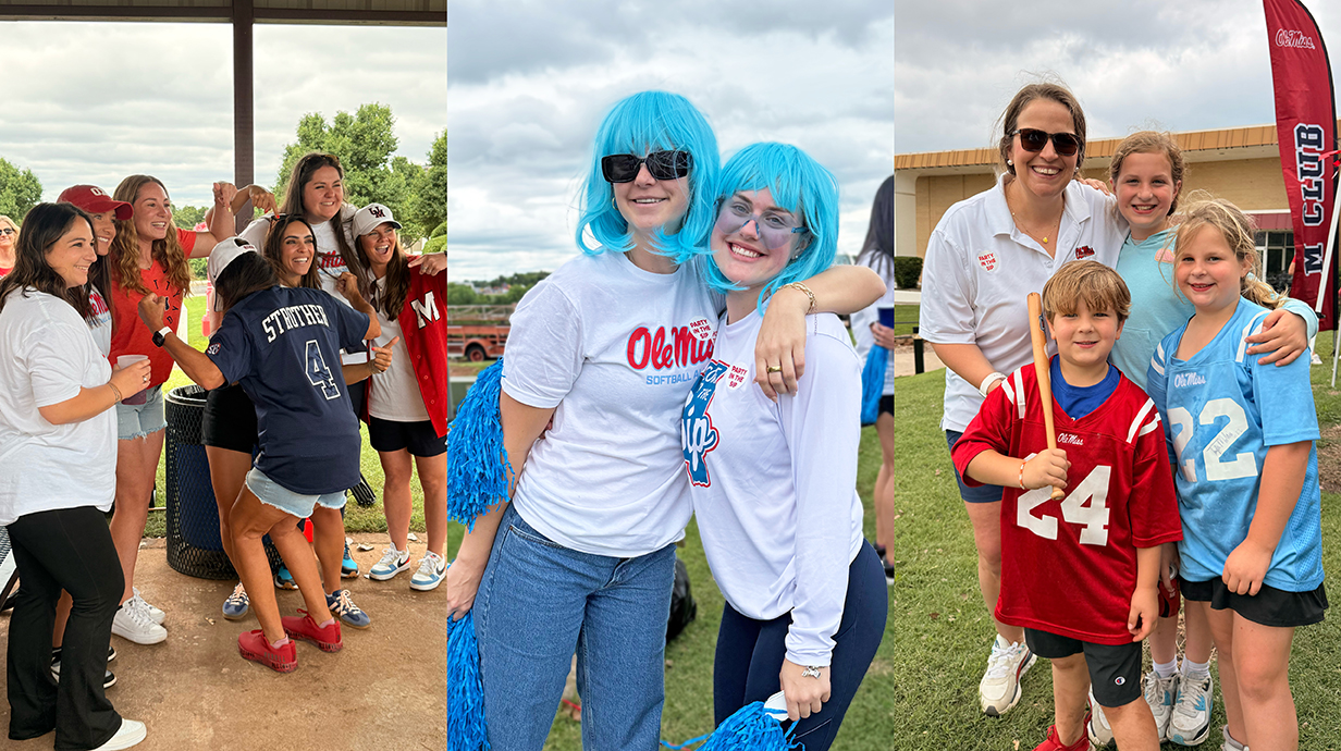 From left to right: Sonja Simpson stands surrounded by Allison Brown, Kylan Becker, Madi Osias, and other Ole Miss Softball Alumna as she shows the back of her daughter's jersey she is wearing. Autumn Gillespie and Bre Roper pose with powder blue wigs on at the tailgate. Liz Jonson poses with her three children.
