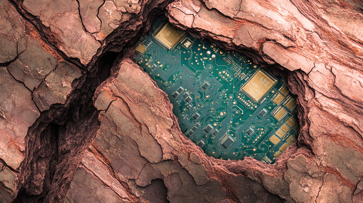 Photo of a circuit board embedded in the bark of a tree.