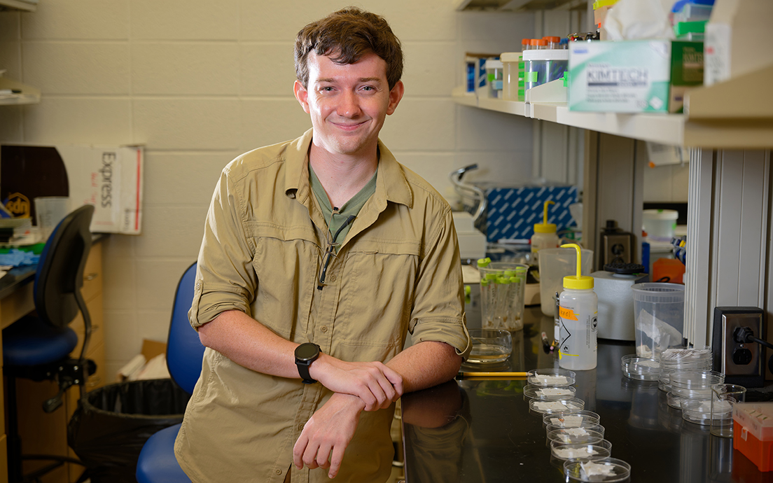 A young man stands at a workbench lined with petri dishes in a laboratory.