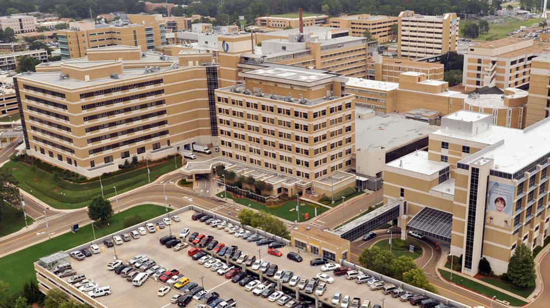 Aerial photo of a large hospital complex.