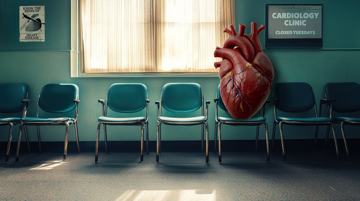 Photo illustration of a giant human heart sitting on a chair in a clinical waiting room.