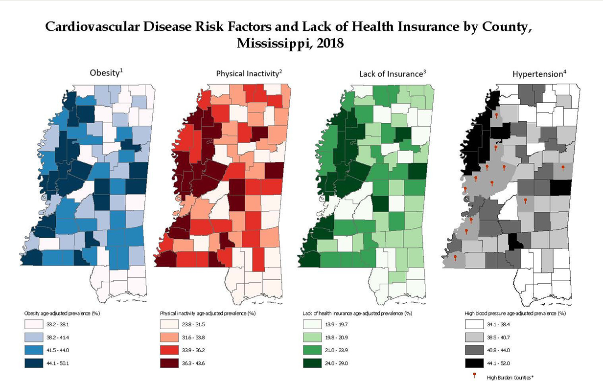 A drawing of Mississippi with counties colored differently to show CHD risk factors.