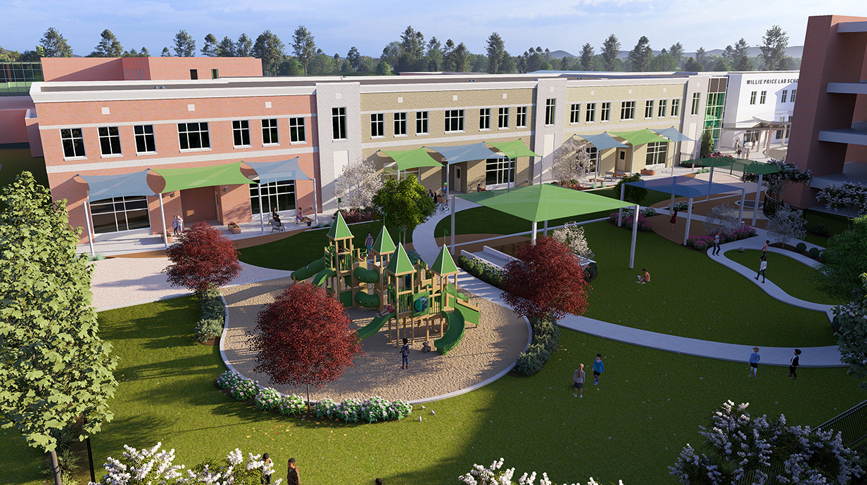 Architectural rendering of a large two-story building with a fenced playground in front.