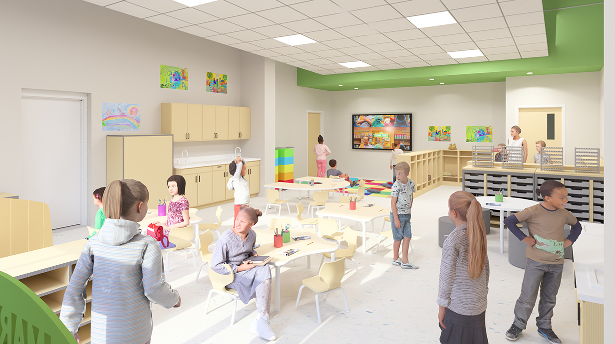 Architectural rendering of a classroom with several children standing around the desks.
