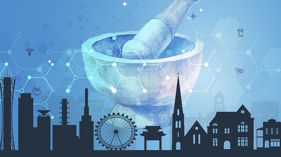 Graphic of a pharmacist's mortar and pestle superimposed over a silhouetted skyline.