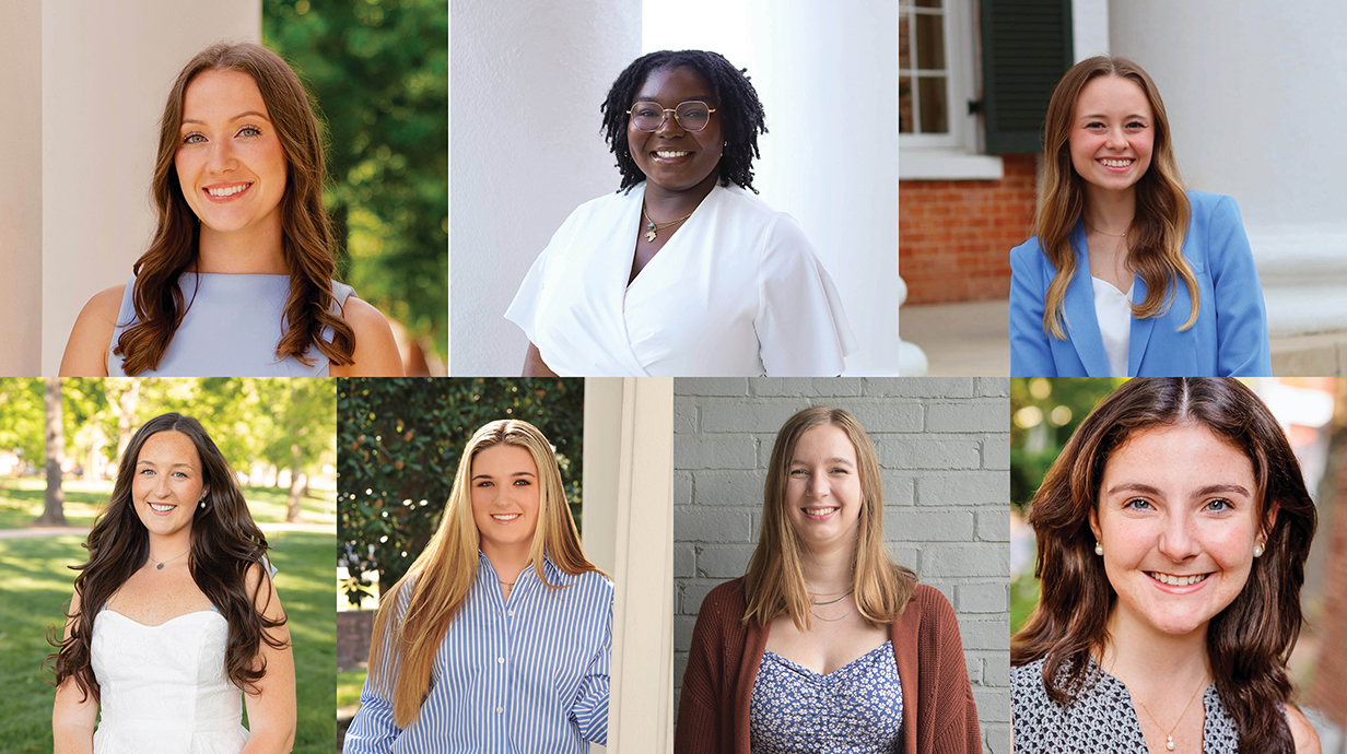 A collage of photo portraits of seven young women.