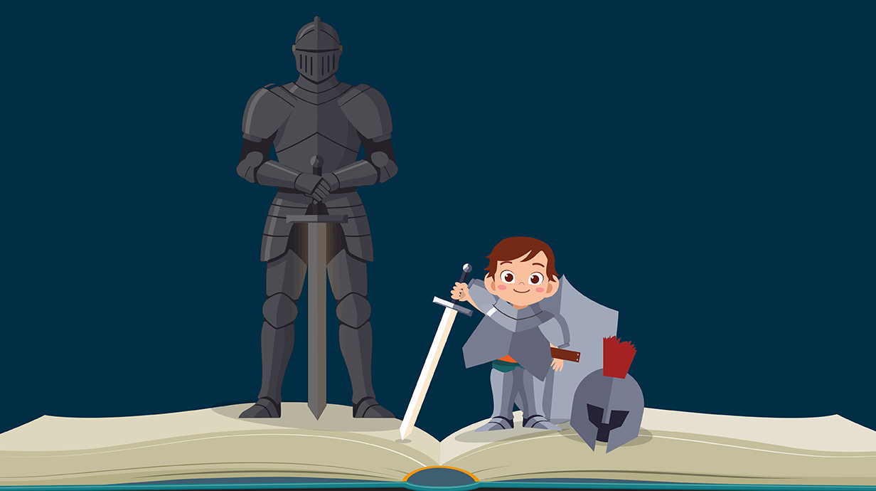 Illustration of a child wearing a suit of  armor and sword standing in front of an adult-size suit of armor.