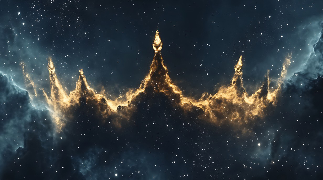 An astrophotograph shows a crown-shaped nebula in deep space.