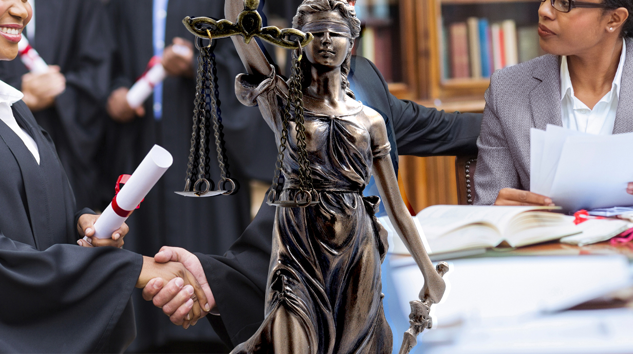 A statue of blindfolded justice sits between people wearing graduation robes and a young woman in a professional office setting.