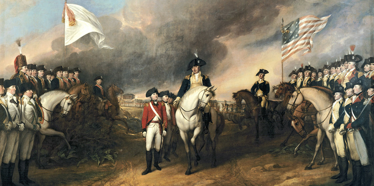 A painting depicts a scene from the end of the American Revolutionary War.