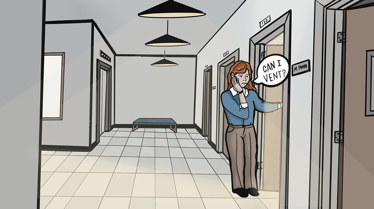 Illustration of a woman standing in an office building hallway, asking 'Can I vent?' into an open doorway.