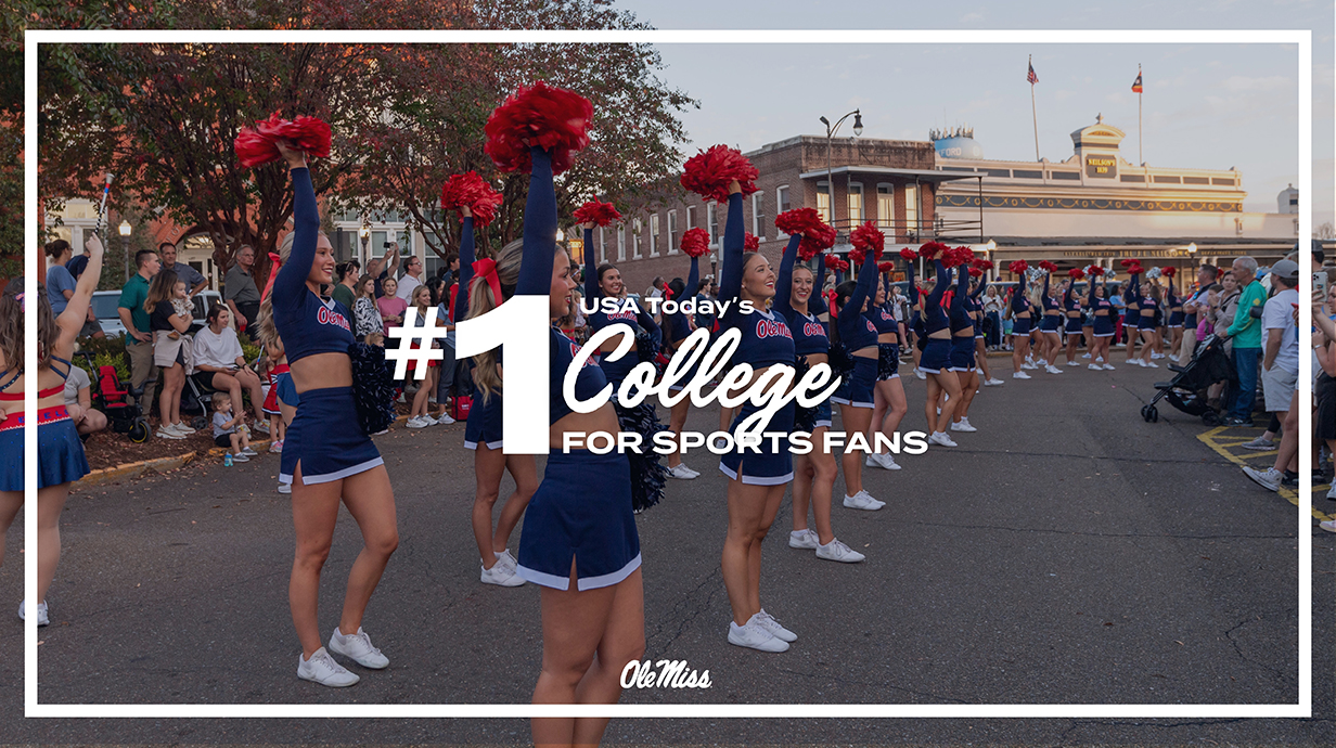Photos of cheerleaders on a town square overlaid with words reading ''USA Today's #1 College for Sports fans.'