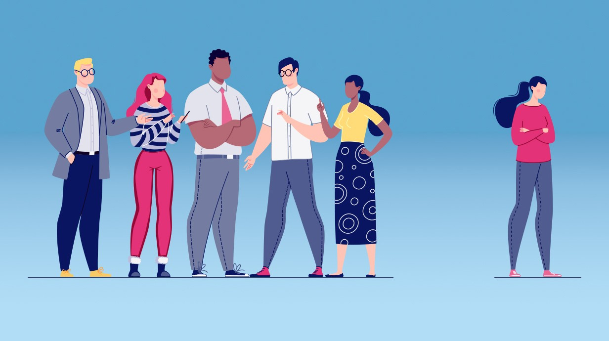 A graphic showing a group of people talking with one person left out and looking away.