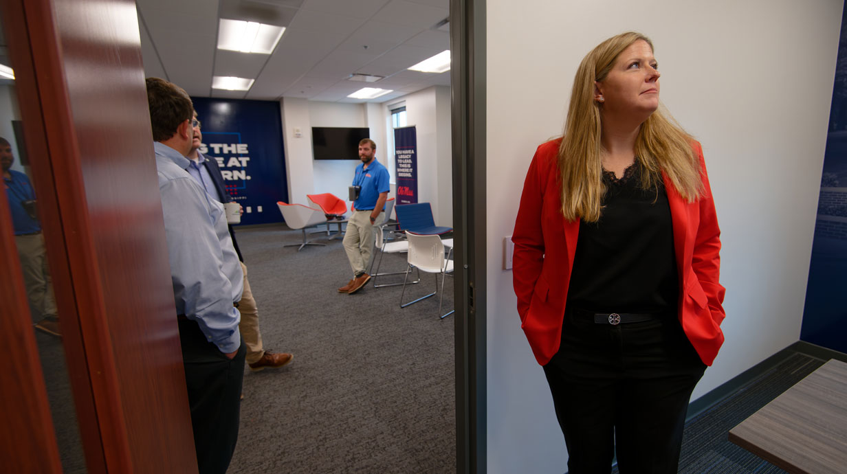Courtney Taylor (left), executive director of Accelerate MS, takes a tour of Accelerate MS’s new office space at Insight Park on the Ole Miss campus. Photo by Hunt Mercier/Ole Miss Digital Imaging Services