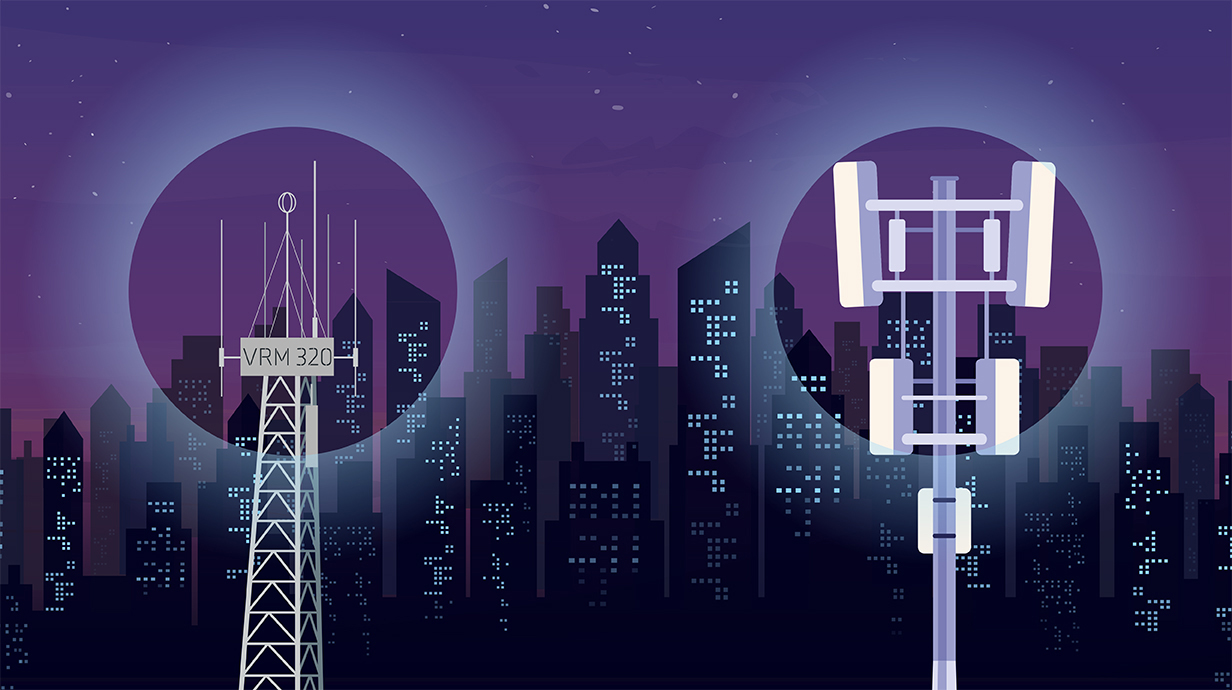 Colorful illustration to two wireless antennas operating high above a city skyline.
