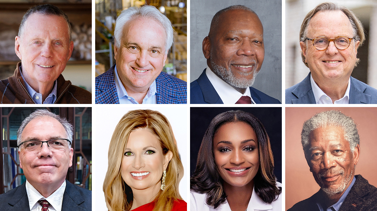 Photo collage of headshots of eight men and women.