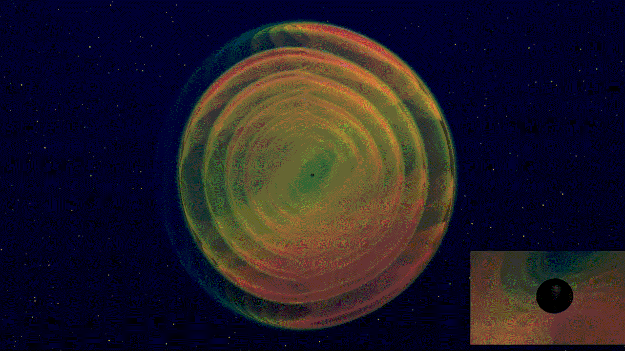 Video of two black holes colliding and emitting gravitational waves.