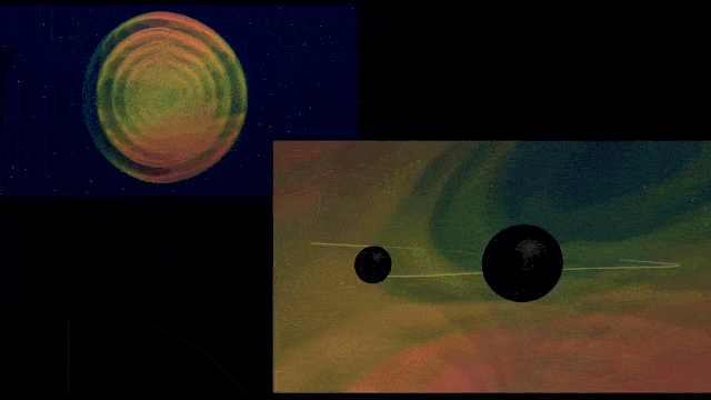 Animation of two black holes colliding and emitting gravitational waves.