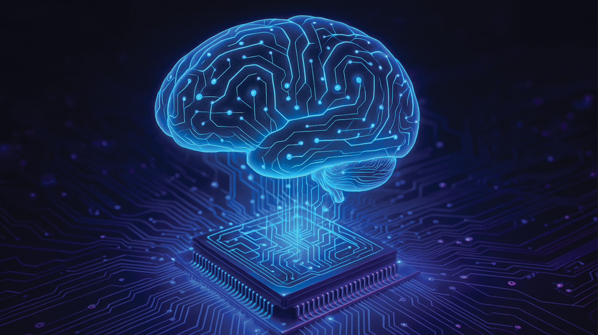 An illustration of a glowing blue outline of a brain hovering above a computer chip.