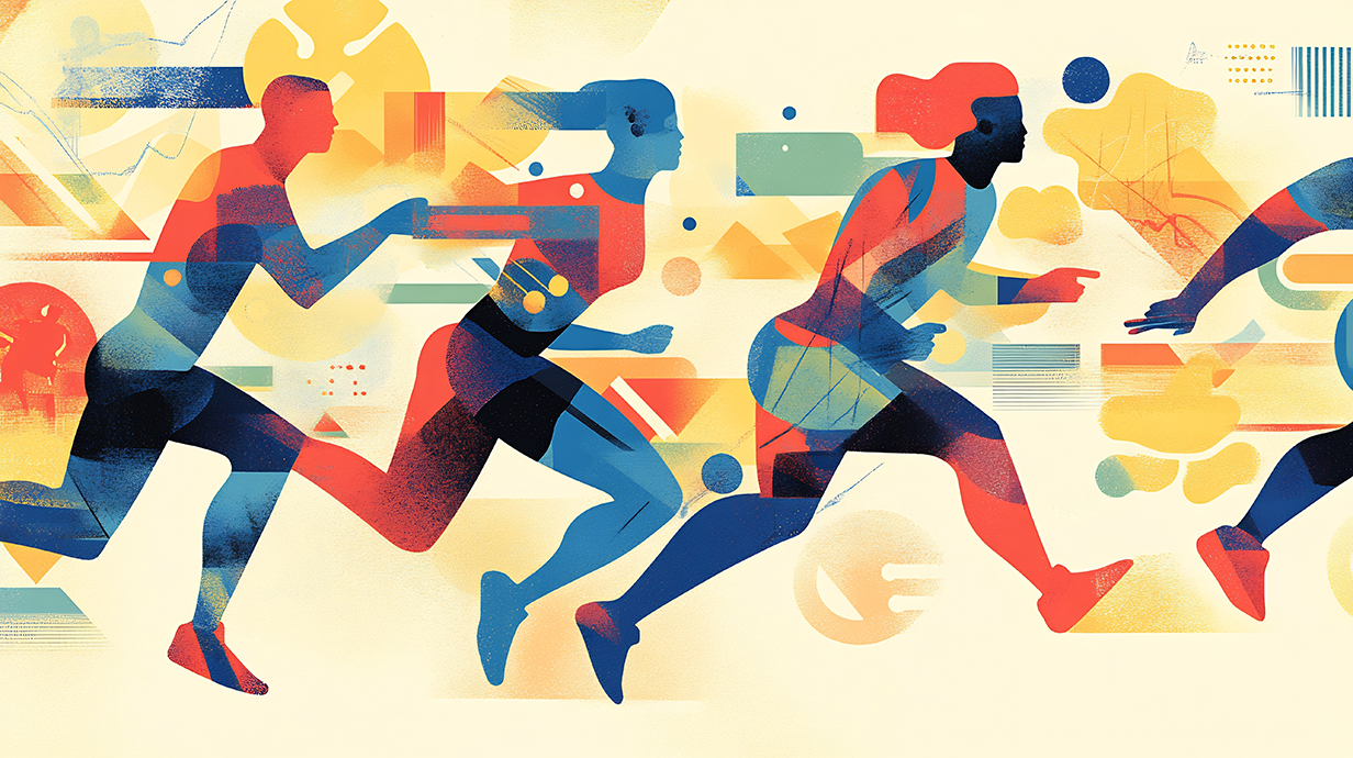 Colorful illustration of people running across the screen.