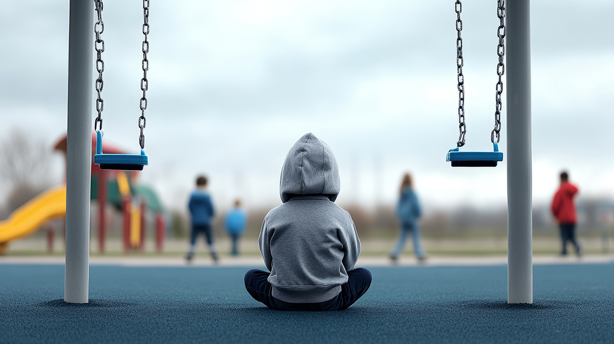 A child wearing a gray hoodie sits alone with his back to the camera on a playground as other children play in the background.
