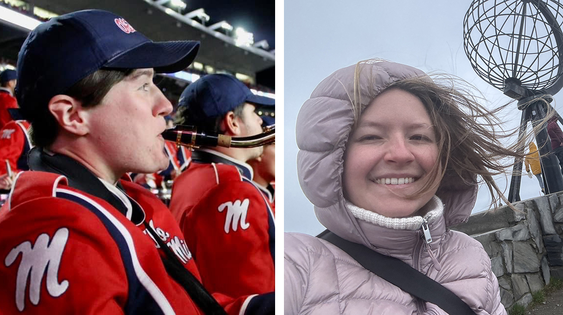 Photo collage showing a young woman playing saxophone in a marching band and another young woman standing in front of a tower on a windy day.