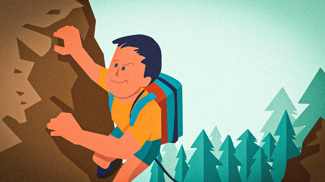 Illustration of a climber wearing a backpack as he scales a rock wall.
