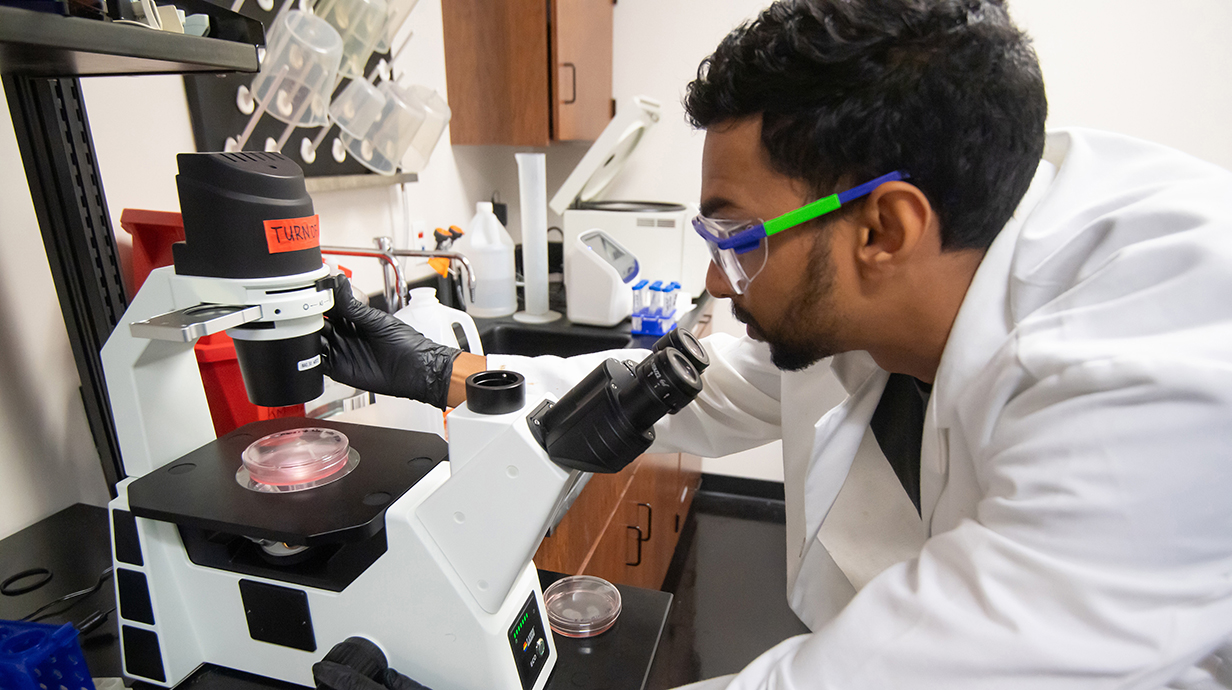 A young man wearing a white lab coat looks through a microscope in a laboratory.