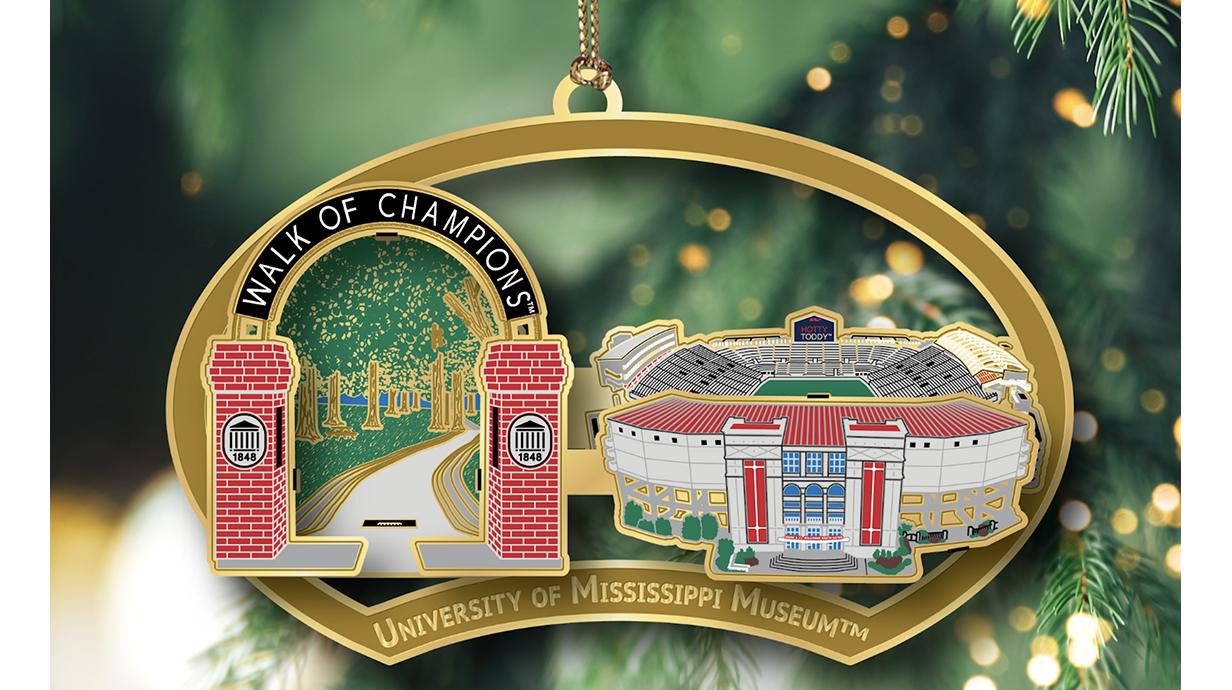 An image of the 2025 UM Museum holiday keepsake featuring the Walk of Champions and Vaught-Hemingway Stadium