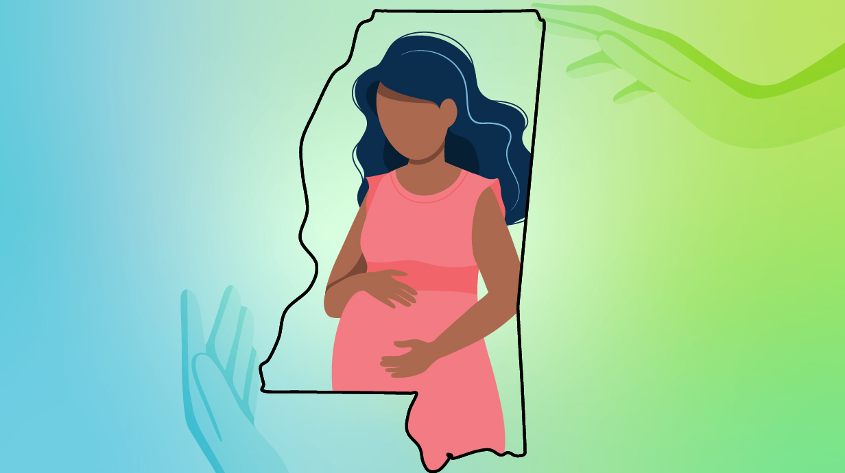 Illustration of a pregnant woman standing inside an outline map of Mississippi