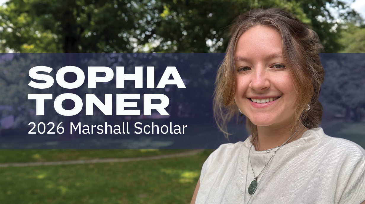 Headshot of a young woman with wording that reads 'Sophia Toner: 2026 Marshall Scholar.'