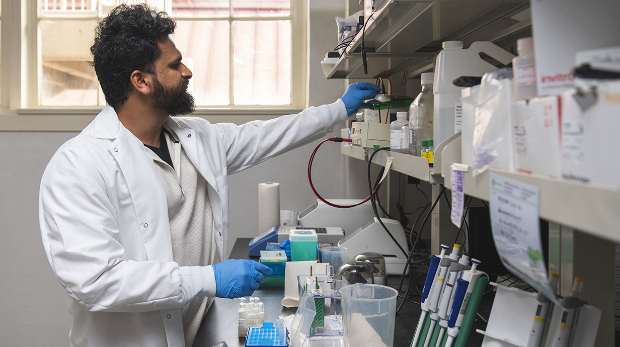 A young man wearing a white coat works in a laboratory.