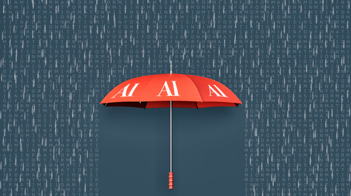 Photo illustration of a red umbrella with 'AI' printed on it standing underneath raindrops interspersed with letters used to spell 'information.'