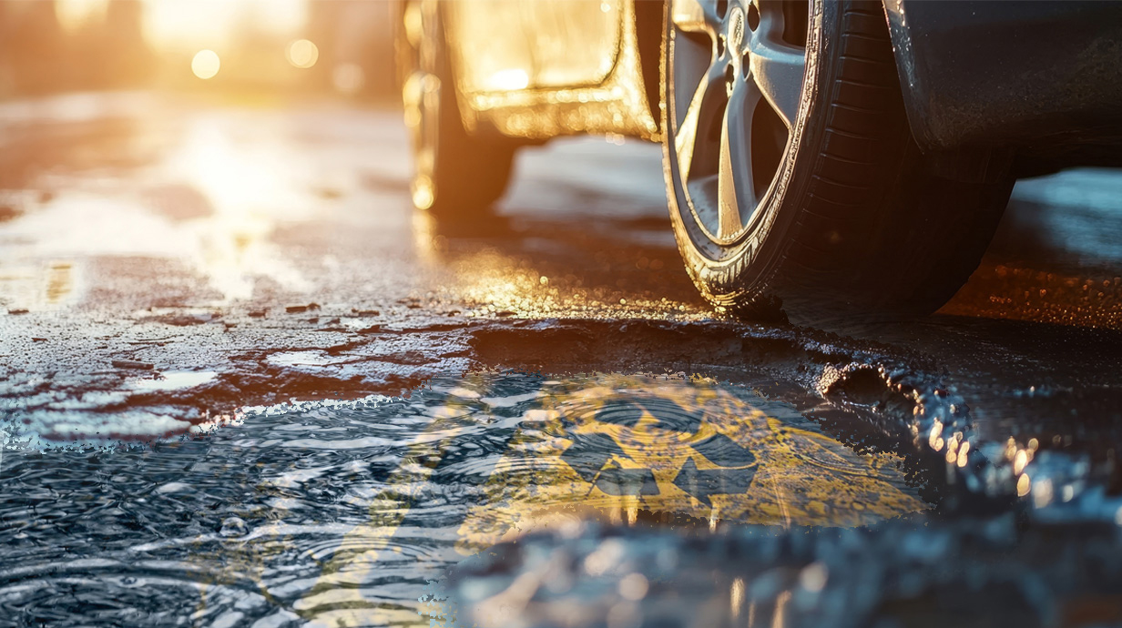 A close-up photo graphic of car tires driving through a pothole filled with water, with a recycling logo reflected in the water.