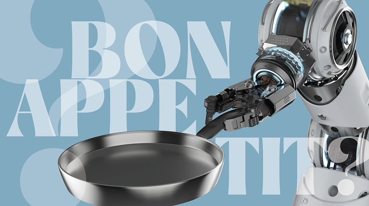 An illustration of an industrial robotic arm holding a frying pan in front of the words 'Bon Appetit.'