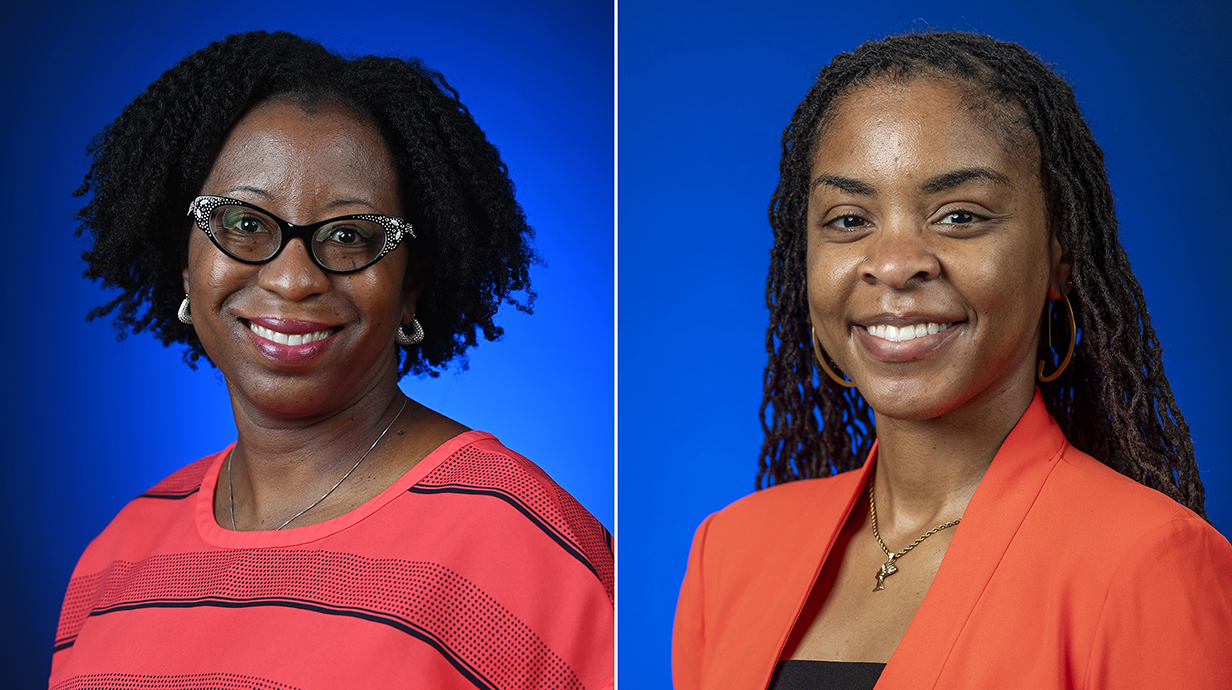 Portraits of two women in front of a rich blue backdrop.