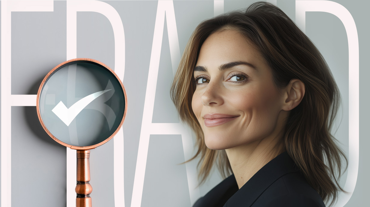 Photo illustration of a smiling woman and a magnifying glass in front of large letters that spell 'Fraud.'