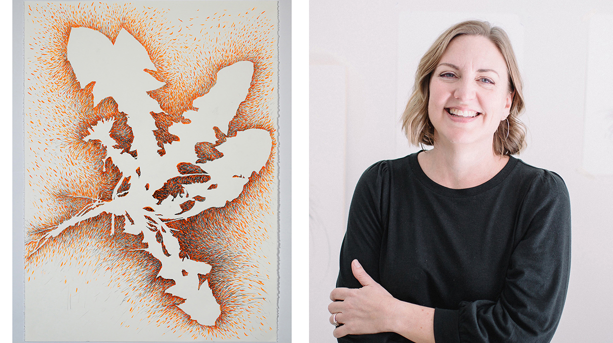 Collage of a woman standing in a studio and a piece of colorful art made with plants.