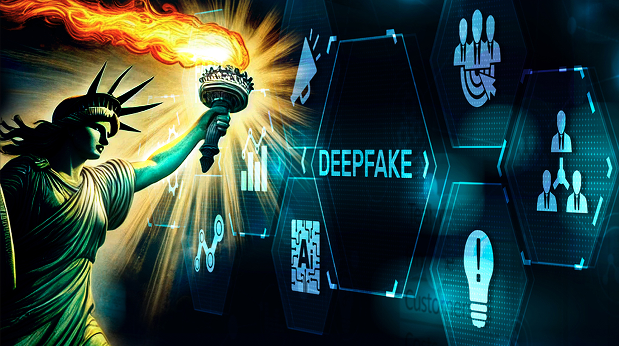 Illustration depicting the Statue of Liberty against a background of computer images, including the word 'Deepfake.'