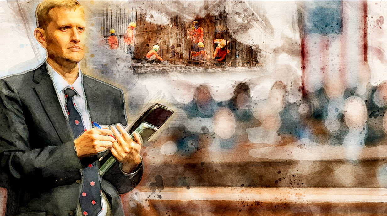 Illustration of a man in a suit holding a clipboard while people work in the background.