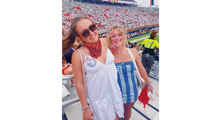 An image of Bay Merrell (left) and Hannah Harbour at Vaught-Hemingway Stadium.