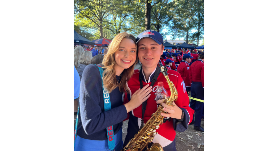 Caroline McCutchen (left) and her boyfriend, Bobby Onsby, enjoy the Grove before a 2023 home football game. 