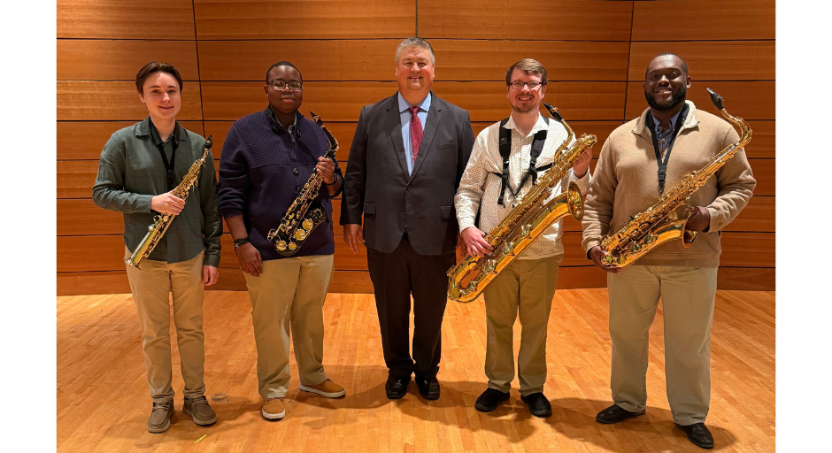 (From left to right) Bobby Onsby, Justin Morgan, Dr. Adam Estes, Eric Harper and Marcus Jordan after a quartet recital.