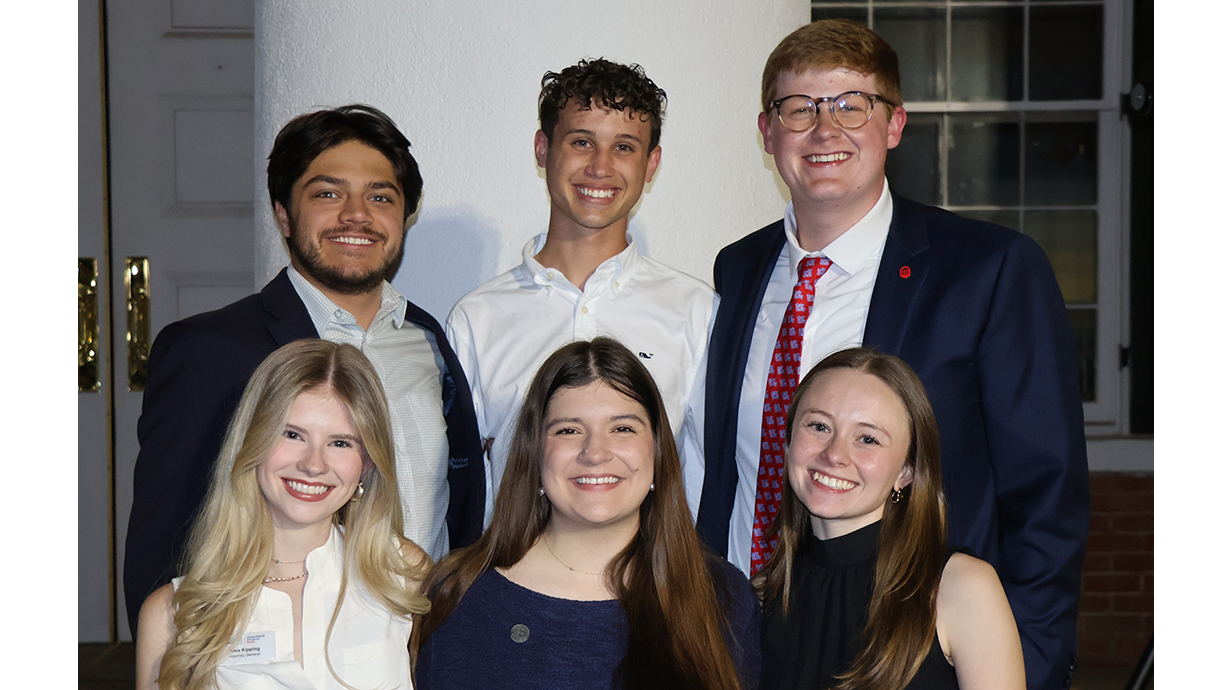 Six students posed in front of the Lyceum columns.
