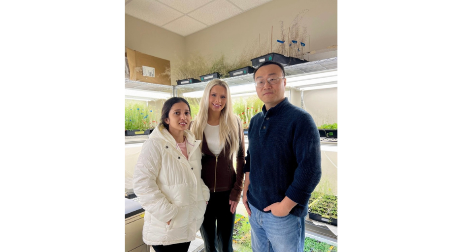 Lindsay Ashton, center, poses for a photo with Anupa Wasti, a doctoral student and lab mentor in Dr. Qiu’s lab, and Yongjian Qiu, assistant professor of integrative plant biology. 