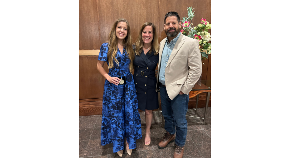 Meredith Whited (left) celebrates with her parents, Holley and Sparr, after the 2025 Taylor Medal ceremony.  Submitted photo