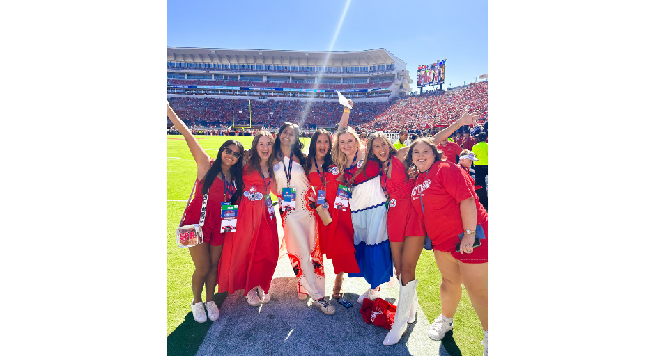 An image of Shaelen Hudson and her friends on Jerry Hollingsworth Field at Vaught-Hemingway Stadium ahead of an Ole Miss football game. 