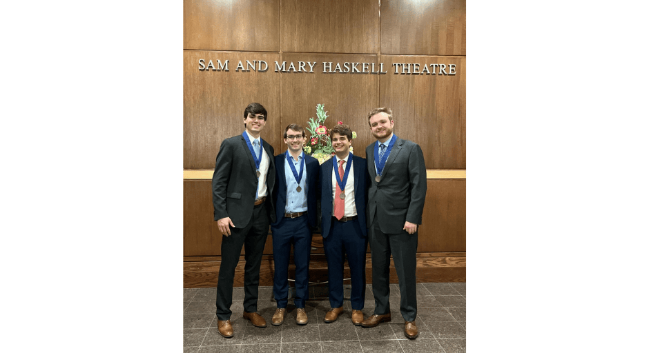 An image of Shane Houston Stephens, John Bentley Suares, Harrison Stewart and Coleman Verhine after the Taylor Medal ceremony.