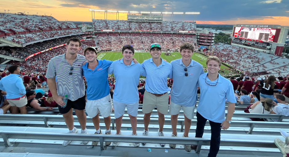An image of Logan Landis, Jacob Oliver, Tyler Francis, Shane Houston, Alex Patterson, and Edward Smith at the Ole Miss at South Carolina 2024 football game.